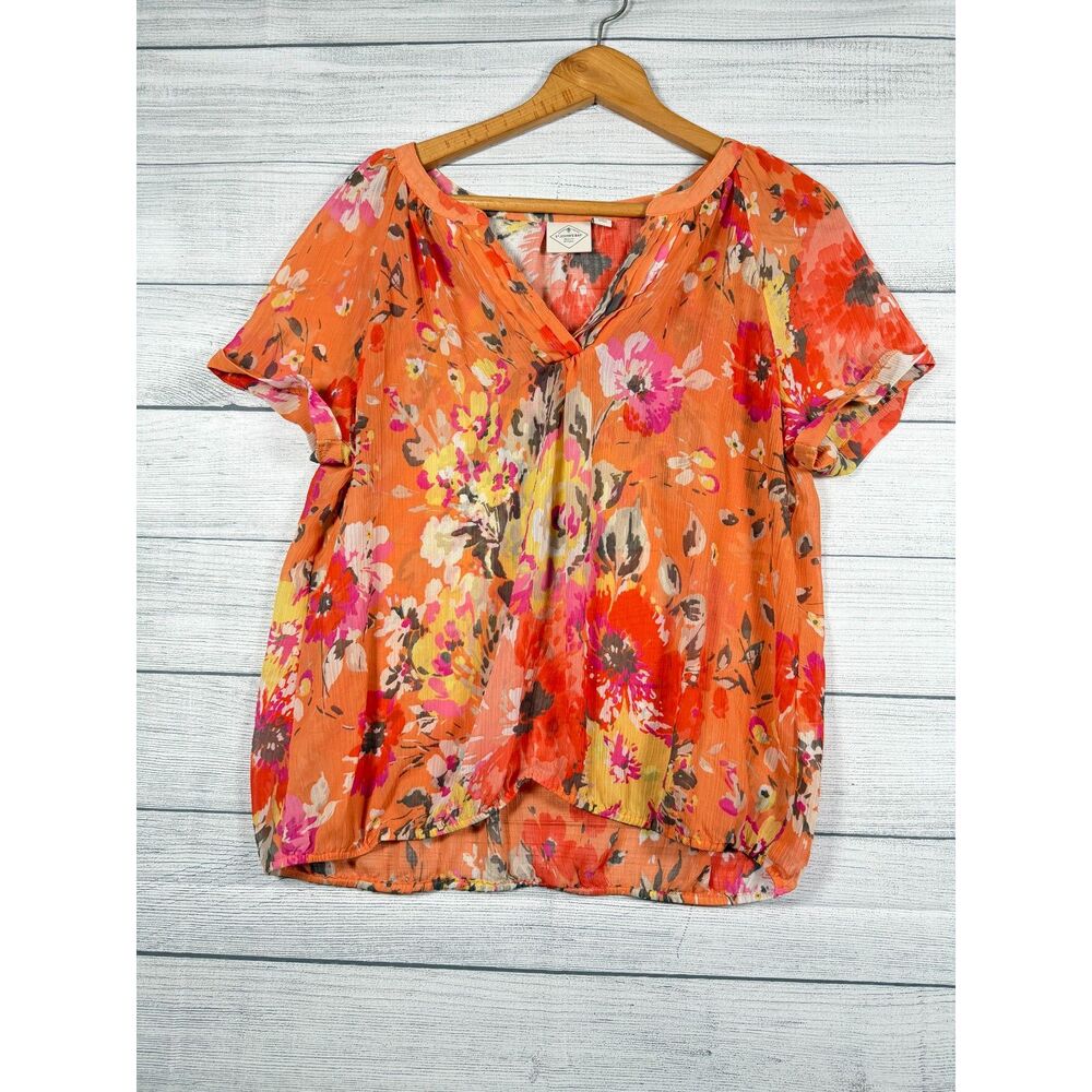 St Johns Bay Womens Large Orange Floral Sheer V Neck Short Sleeve Blouse 4140